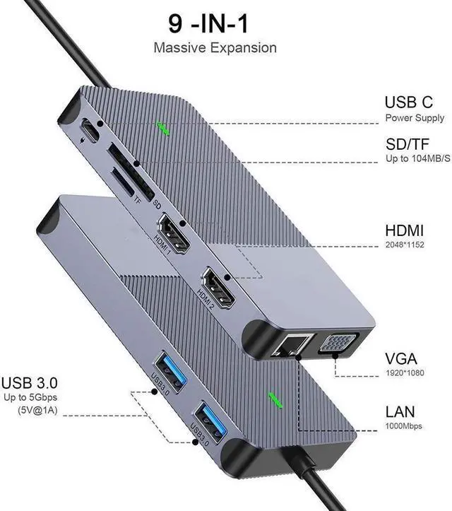 Alt view image 5 of 6 - USB Docking Station GIQ USB C Hub USB 3.0 to Dual HDMI VGA Adapter Triple Display USB C Laptop Docking Station Dual Monitors Compatible with MacBook M1 USB Dock