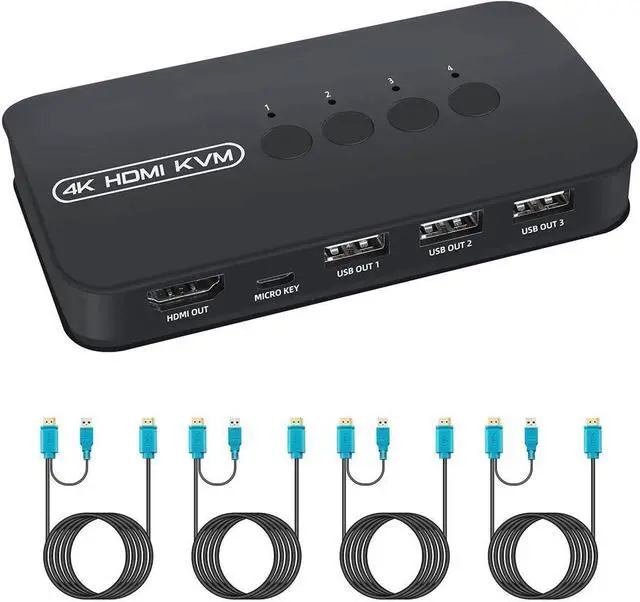 Main image of BUCIER  KVM Switch 4 Ports, HDMI USB Selector for 4 Computers Share Keyboard Mouse Printer and One HD 4K Monitor, Including 4 KVM Cables