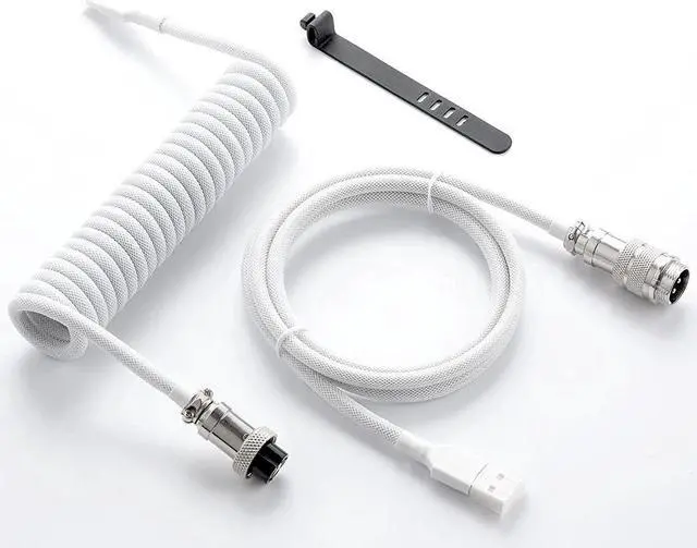 Main image of BUCIER Custom Coiled USB C Cable for Gaming Keyboard, Double-Sleeved Mechanical Keyboard Cable with Detachable Metal Aviator, 1.5M USB-C to USB-A, White Color