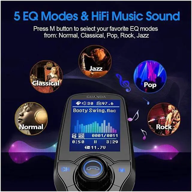 Alt view image 3 of 7 - BUCIER Bluetooth FM Transmitter for Car, Bluetooth Car Adapter, 4-in-1 Car MP3 Player with 1.8 Inch Color Display, AUX Input/Output, 3 Port USB, S Handsfree Call, SD/TF Card, USB Disk,QC3.0,5 EQ Modes