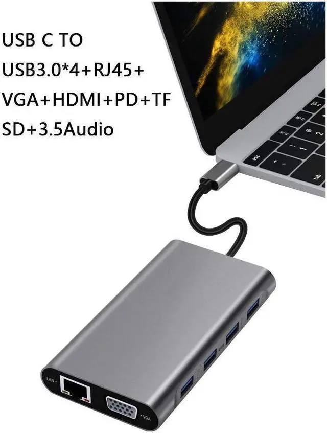 Alt view image 4 of 7 - BUCIER USB C Hub, Type C Hub, 11-in-1 Adapter with Ethernet, 4K USB C to HDMI, VGA, 2 USB3.0 2 USB2.0, Micro SD/TF Card Reader, Mic/Audio, USB-C Pd 3.0, Compatible for Mac Pro and Other Type C Laptops