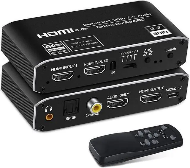 Main image of BUCIER 4K@60Hz eARC HDMI Swtich Audio Extractor, NEWCARE 2x1 HDMI Audio Converter with Remote Control, 7.1CH Atmos/ eARC/ARC/ Optical Toslink SPDIF/ Coaxial/ 3.5mm Audio Out, Supports HDCP2.3, HDMI2.0