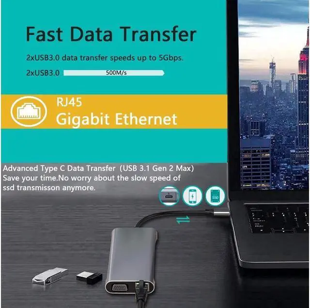 Alt view image 4 of 6 - BUCIER USB 3.1 Type C Docking Station, USB C Hub, 12-in-1 Triple Display Dual 4K HDMI, VGA, PD100W,Gigabit Ethernet RJ45, USB3.0,SD/TF, Type C Laptop Dock Station Adapter Compatible for MacBook