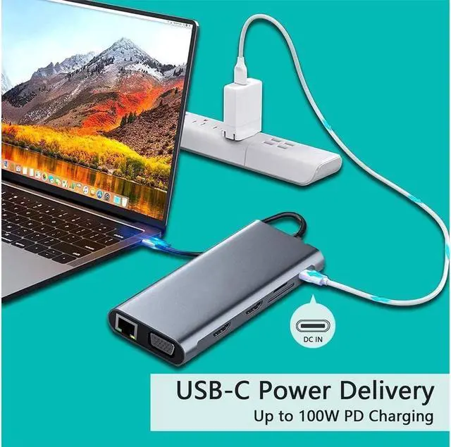 Alt view image 3 of 6 - BUCIER USB 3.1 Type C Docking Station, USB C Hub, 12-in-1 Triple Display Dual 4K HDMI, VGA, PD100W,Gigabit Ethernet RJ45, USB3.0,SD/TF, Type C Laptop Dock Station Adapter Compatible for MacBook