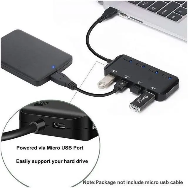 Alt view image 4 of 5 - BUCIER USB 3.0 Hub Splitter - USB Extender 4 Port USB Ultra Slim Data Hub with Individual Power Switch and LED