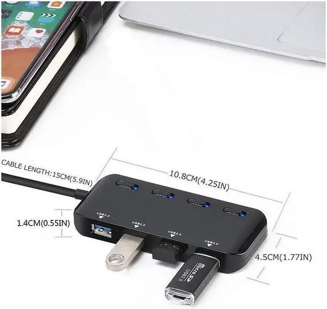 Alt view image 5 of 5 - BUCIER USB 3.0 Hub Splitter - USB Extender 4 Port USB Ultra Slim Data Hub with Individual Power Switch and LED