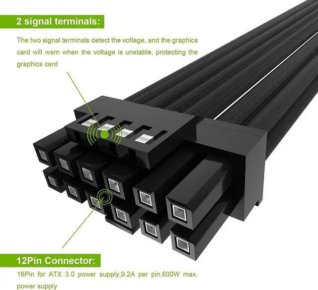 Alt view image 3 of 6 - BUCIER 16Pin GPU Cable,Pcie 5.0 12VHPWR Sleeved Modular Cables,Male to Male PSU Cable,Mini 12+4 pin Adapter 600W ATX 3.0 Power Supply for RTX 3090TI and 4090 Graphic Card with Comb (Black)