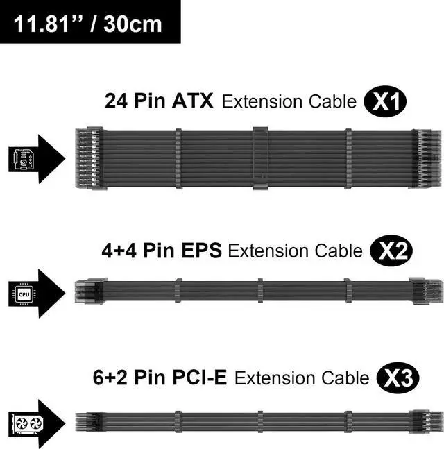 Alt view image 2 of 6 - BUCIER  PSU Extension Cable Kit Custom Sleeved Power Supply Cable Mod for PC Build 18AWG 24Pin ATX /8 (4+4) Pin EPS CPU Cable /8 (6+2) Pin PCI-E GPU PSU Cables 6PCS with Cable Comes  Black