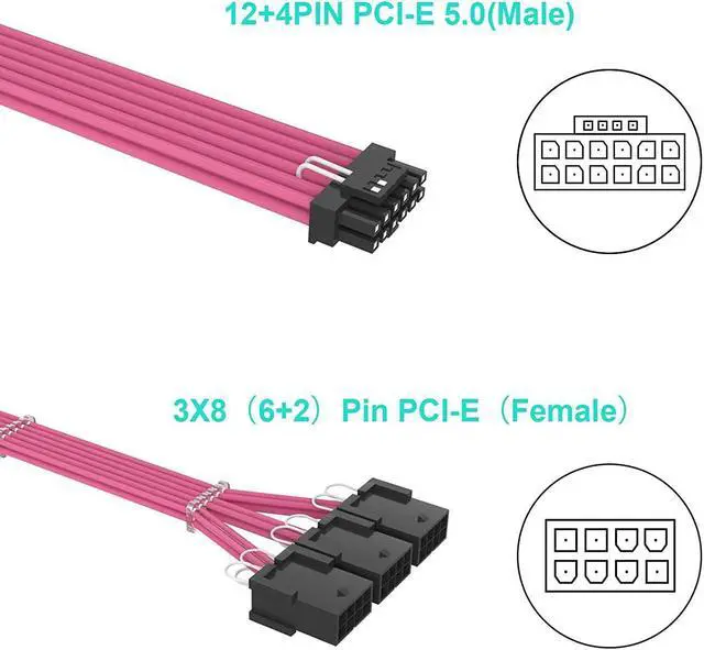 Alt view image 2 of 7 - BUCIER 16Pin Cable,PCIE GPU Cables,Sleeved 12vhpwr PSU Extension Cable,Mini 12+4 Pin Connector for RTX 3090Ti,4070Ti 4080,4090 Graphics Card Power Supply 16AWG Black Pink