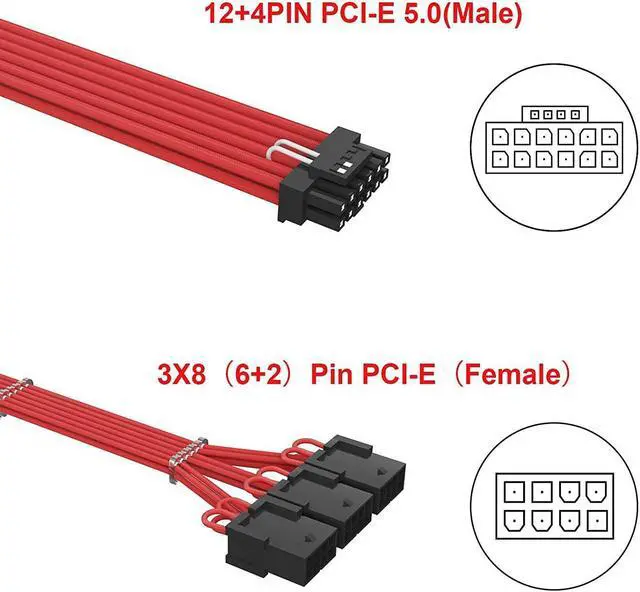 Alt view image 2 of 7 - BUCIER 16Pin Cable,PCIE GPU Cables,Sleeved 12vhpwr PSU Extension Cable,Mini 12+4 Pin Connector for RTX 3090Ti,4070Ti 4080,4090 Graphics Card Power Supply 16AWG  Red