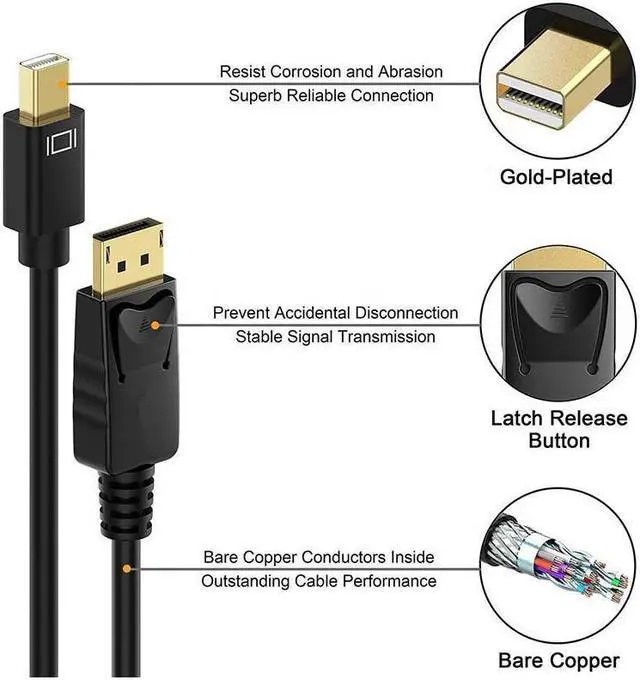 Alt view image 4 of 7 - BUCIER Mini DisplayPort to DisplayPort Cable, 6 Feet, Gold-Plated Mini DP to DP Cord (4K@60Hz, 2K@144Hz) Mini DP to DP Display Cable - Black
