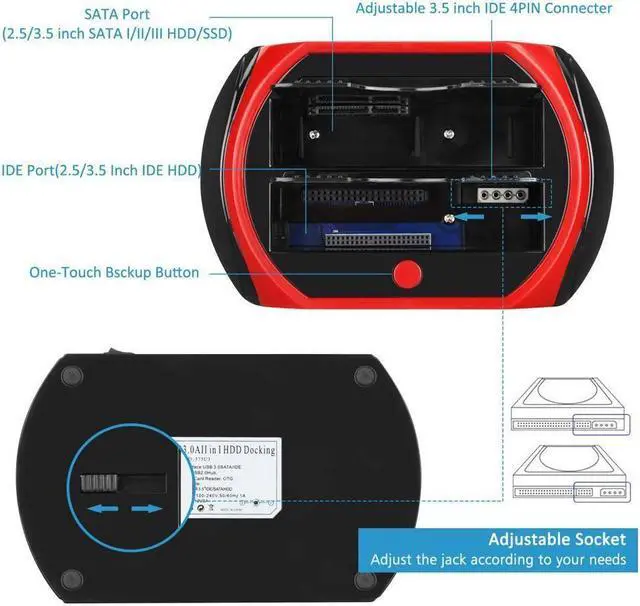 Alt view image 2 of 7 - BUCIER Hard Drive Docking Station For SATA & IDE, USB to 2.5" 3.5" SATA IDE Dual bay External Enclosure, All in 1 Card Reader XD/TF/MS/CF/ SD card, USB Hub function. for 2.5" 3.5 IDE SATA I/II/III HDD