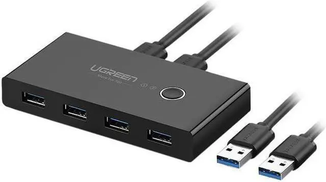 Main image of BUCIER UGREEN USB 3.0 Sharing Switch Selector 4 Port 2 Computers Peripheral Switcher Adapter Hub for PC, Printer, Scanner, Mouse, Keyboard with One Button Swapping and 2 Pack USB Male Cable
