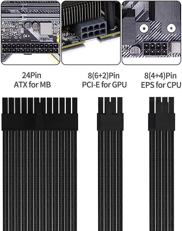 Alt view image 5 of 6 - BUCIER Power Supply Sleeved Cable, Extension PC Kit, 18AWG 24Pin ATX / 8 (4+4) Pin EPS / 8 (6+2) Pin PCI-E Power Supply PSU Cable with Combs, 30CM Black