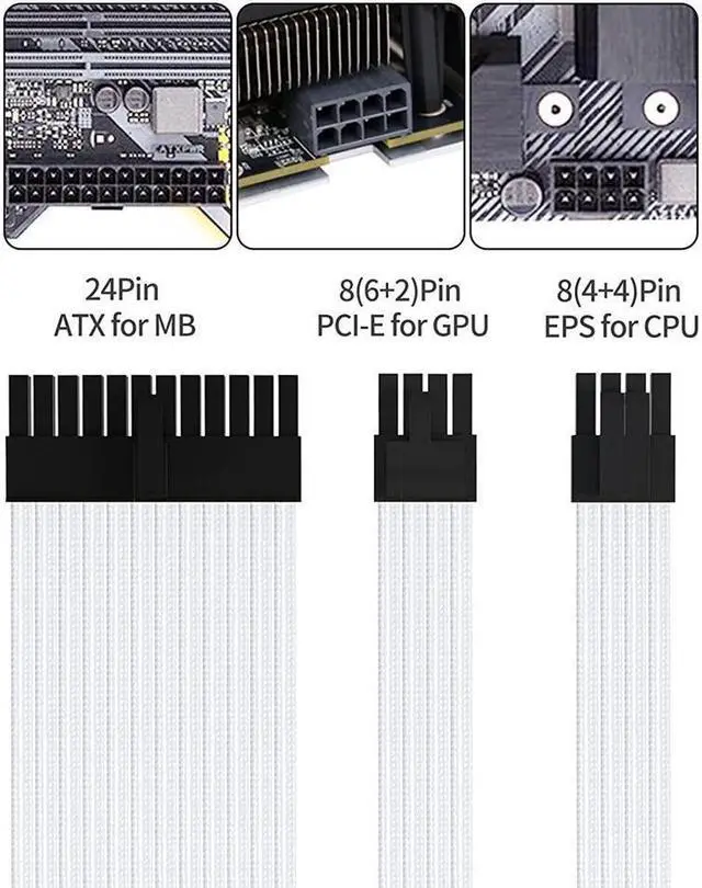 Alt view image 5 of 6 - BUCIER Power Supply Sleeved Cable, Extension PC Kit, 18AWG 24Pin ATX / 8 (4+4) Pin EPS / 8 (6+2) Pin PCI-E Power Supply PSU Cable with Combs, 30CM  White