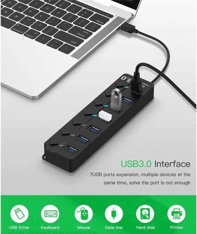 Alt view image 3 of 7 - BUCIER Powered USB Hub, 7 Port USB 3.0 Data Hub Splitter with 5V DC Power Adapter and Independent On/Off Switch USB Port Hub Expander for MacBook Laptop PC and More(Black)