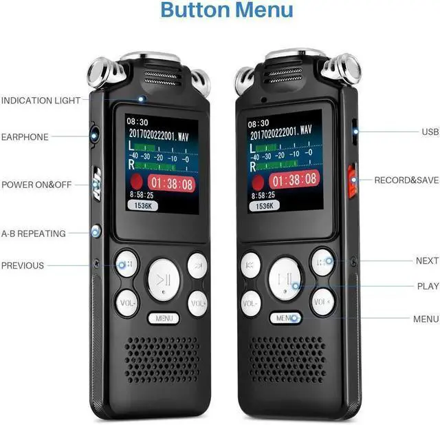 Alt view image 2 of 6 - BUCIER Digital Voice Recorder 16GB with Variable Playback Speed, Sound Recorder, Ultra-Sensitive Microphones, MP3 Player, Noise Reduction Audio Recording for Lectures, Meetings, Interview