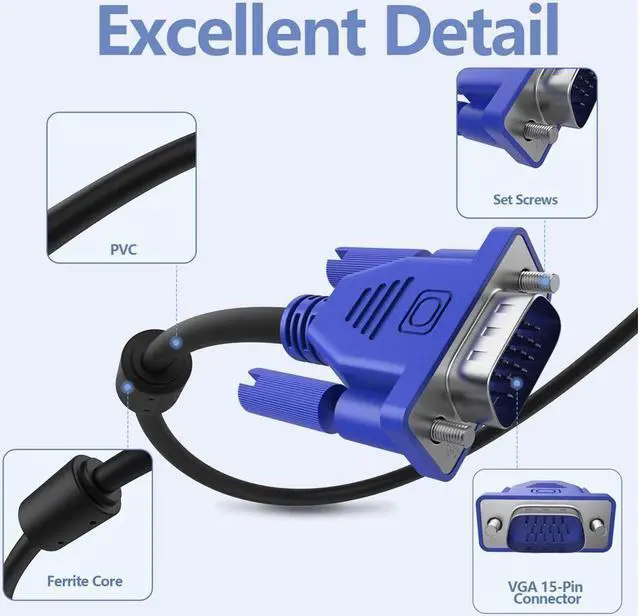 Alt view image 3 of 7 - BUCIER VGA to VGA Monitor Cable, 15 pin 1080P Full HD Male to Male Cor for Computer PC Laptop to Monitor Screen Projector with VGA Plug Port (3.3 Feet)