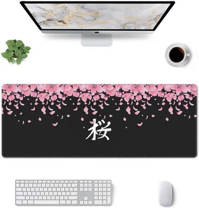Alt view image 2 of 7 - BUCIER Sakura Extended Mouse Pad 31.5x11.8 Inch XL Japanese Word Cherry Blossom Flower Non-Slip Rubber Base Large Gaming Mousepad Stitched Edges Waterproof Keyboard Mouse Mat Desk Pad for Office Home