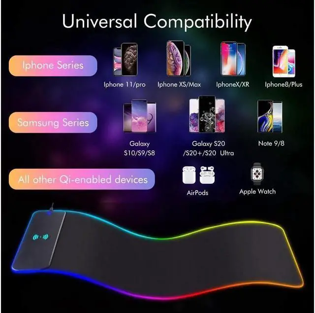 Alt view image 6 of 7 - BUCIER Wireless Charging RGB Gaming Mouse Pad 10W,Extended Large Mouse Mat Desk Pad LED Mouse Mat 800x300x4MM, 10 Light Modes Extra Large Mousepad Non-Slip Rubber Base Computer Keyboard Mat for Gaming
