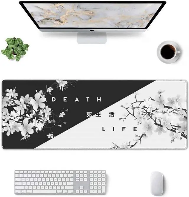 Alt view image 4 of 7 - BUCIER Black and White Cherry Blossom Gaming Mouse Pad XL Extended Large Mouse Mat Desk Pad Stitched Edges Mousepad Long Non-Slip Rubber Base Mice Pad 31.5 X 11.8 Inch