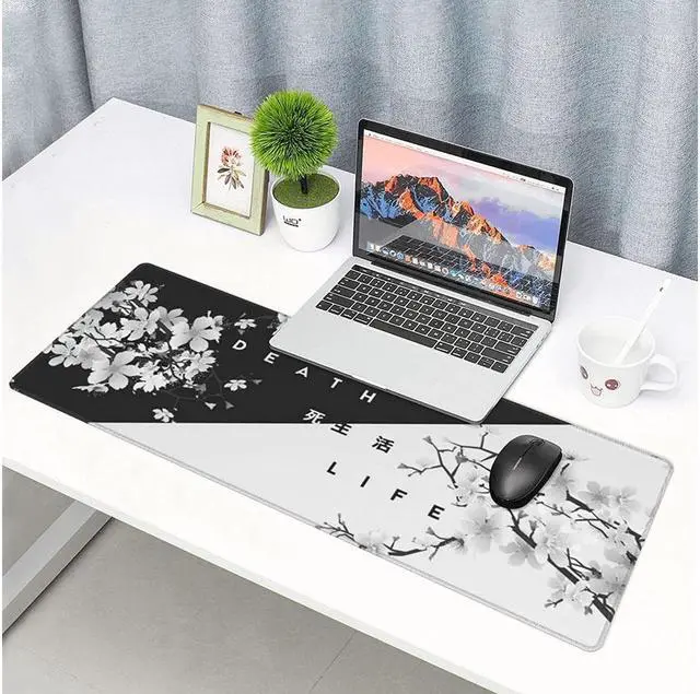 Alt view image 2 of 7 - BUCIER Black and White Cherry Blossom Gaming Mouse Pad XL Extended Large Mouse Mat Desk Pad Stitched Edges Mousepad Long Non-Slip Rubber Base Mice Pad 31.5 X 11.8 Inch