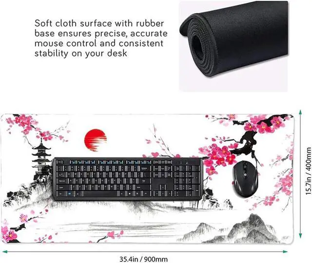 Alt view image 2 of 6 - BUCIER Watercolor Sakura Mouse Pad 35.4 X 15.7 Inch Hills Cherry Blossom Extended Large Pink Mouse Mat Non-Slip Rubber Base Mousepad with Stitched Edges Waterproof Desk Pad for Gaming&Home Office,XL