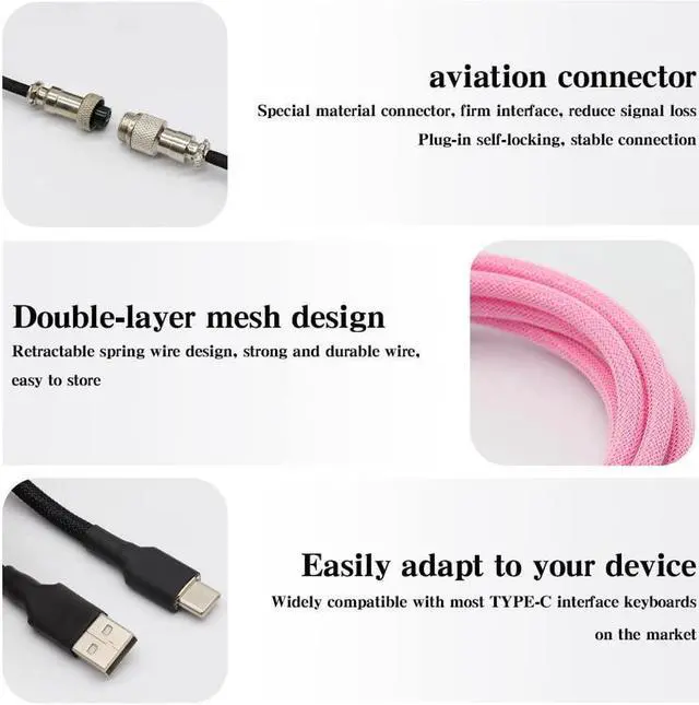 Alt view image 5 of 6 - BUCIER Customer Coiled Keyboard Cable for Gaming Mechanical Keyboard, Handwork Braided + PET Mesh, Metal Plug, with Detachable Metal Aviator Connector, 3 Meters USB C Aviator Cable (Black)