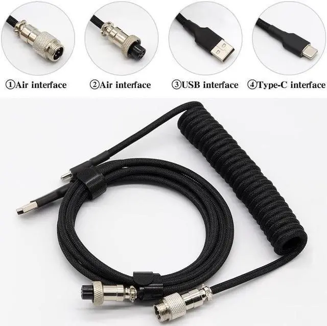 Alt view image 3 of 6 - BUCIER Customer Coiled Keyboard Cable for Gaming Mechanical Keyboard, Handwork Braided + PET Mesh, Metal Plug, with Detachable Metal Aviator Connector, 3 Meters USB C Aviator Cable (Black)
