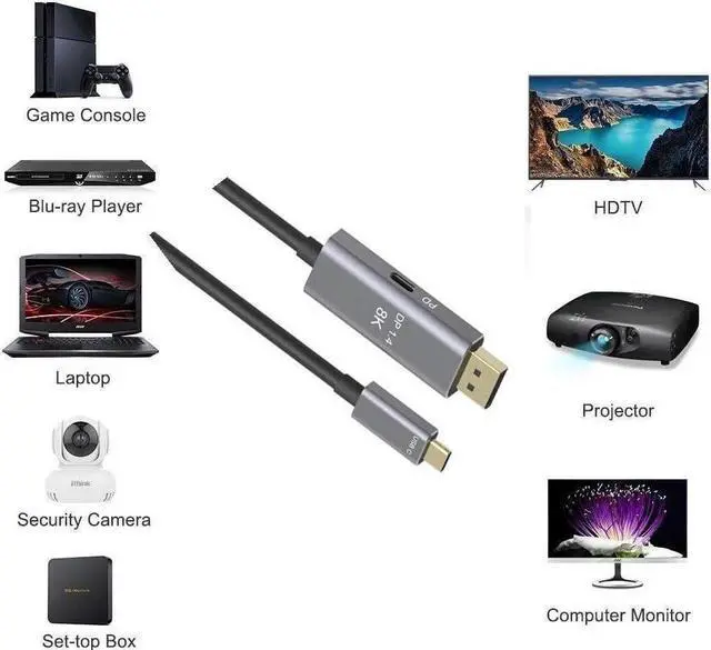 Alt view image 3 of 7 - BUCIER USB C to DisplayPort 1.4 8K 2M Cable with USB-C PD 8K@60Hz 4K@144Hz Converter Thunderbolt 3 to DisplayPort Adapter Compatible with New MacBook Pro 2019 2020