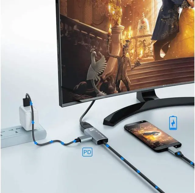 Alt view image 2 of 7 - BUCIER USB C to DisplayPort 1.4 8K 2M Cable with USB-C PD 8K@60Hz 4K@144Hz Converter Thunderbolt 3 to DisplayPort Adapter Compatible with New MacBook Pro 2019 2020