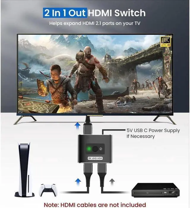 Alt view image 2 of 7 - BUCIER HDMI 2.1 Switch 8K HDMI Switcher, 4K 120hz HDR Aluminum Bi-Directional Switch Splitter 2 in 1 Out or 1 in 2 Out, Support High Speed 48Gbps 8K@60Hz, for PS5, Xbox Series X
