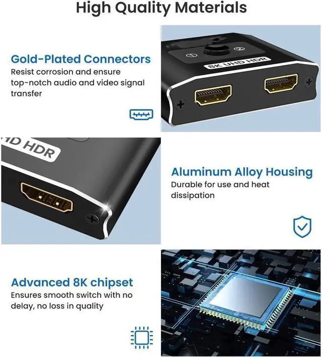 Alt view image 7 of 7 - BUCIER HDMI 2.1 Switch 8K HDMI Switcher, 4K 120hz HDR Aluminum Bi-Directional Switch Splitter 2 in 1 Out or 1 in 2 Out, Support High Speed 48Gbps 8K@60Hz, for PS5, Xbox Series X