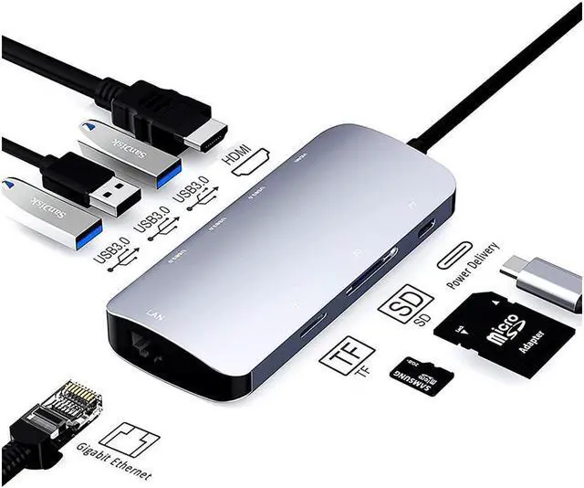 Main image of BUCIER USB C Hub Ethernet Port USB C Adapter GIGABIT 1000M Rj45 8in1 multiport 60W Fast charging-4K HD-MI to 5Gbps Data Transfer,SD/TF, USB C Hub_Flat