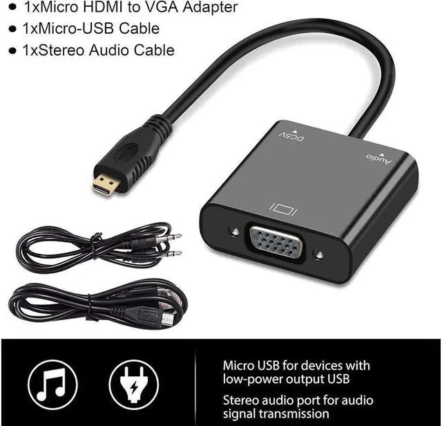 Alt view image 7 of 7 - BUCIER Micro HDMI to VGA Adapter Active Micro HDMI to VGA Video Converter with 3.5mm Stereo Audio Micro HDMI to VGA Cable (Male to Female) Compatible with Laptop Projector HDTV Chromebook