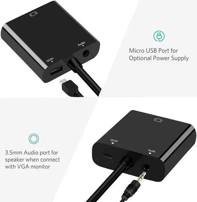 Alt view image 4 of 7 - BUCIER Micro HDMI to VGA Adapter Active Micro HDMI to VGA Video Converter with 3.5mm Stereo Audio Micro HDMI to VGA Cable (Male to Female) Compatible with Laptop Projector HDTV Chromebook
