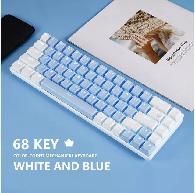 Alt view image 2 of 7 - BUCIER 68 Keys Blue White Mechanical Gaming Keyboard 60% Keyboard Anti-Ghosting Type-C USB Wired and Wireless Bluetooth Connection mode LED Backlit Keyboard for Computer PC Laptop  (Blue White)