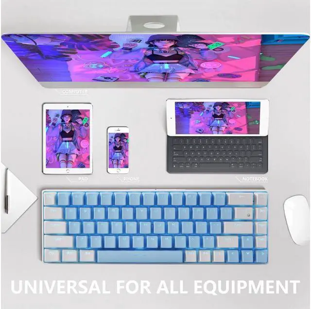 Alt view image 5 of 7 - BUCIER 68 Keys Blue White Mechanical Gaming Keyboard 60% Keyboard Anti-Ghosting Type-C USB Wired and Wireless Bluetooth Connection mode LED Backlit Keyboard for Computer PC Laptop  (Blue White)