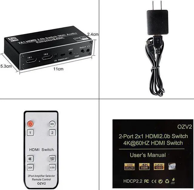 Alt view image 7 of 7 - BUCIER HDMI Switch Audio Extractor, HDMI Switch Splitter 2 Inputs 1 Output with Remote 4K@60hz, 2-Port HDMI2.0b Switcher Box with Optical Toslink SPDIF+Coaxial+Analog RCA Stereo Audio Out