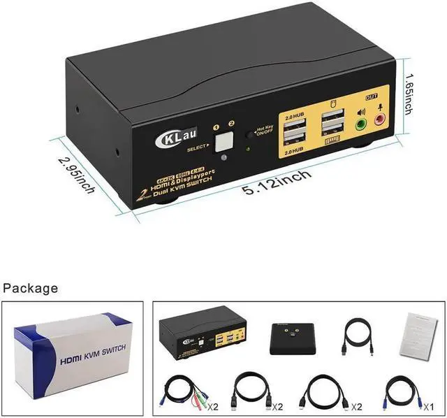 Alt view image 7 of 7 - CKLau Dual Monitors HDMI Displayport KVM Switches 2 Port 4K@60Hz HDMI + Displayport Dual Monitor KVM Switch with Audio, USB 2.0 Hub and Cables Support HDMI 2.0, HDCP 2.2, HDR 10