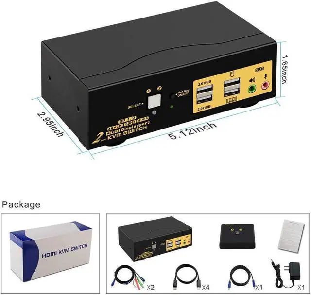 Alt view image 7 of 7 - 2 Port Dual Monitor Displayport KVM Switch, DP KVM Switch with Audio, with USB 2.0 Hub and Cables Support Hotkey Switching Resolution Up to 4096x2160 @60Hz 4:4:4