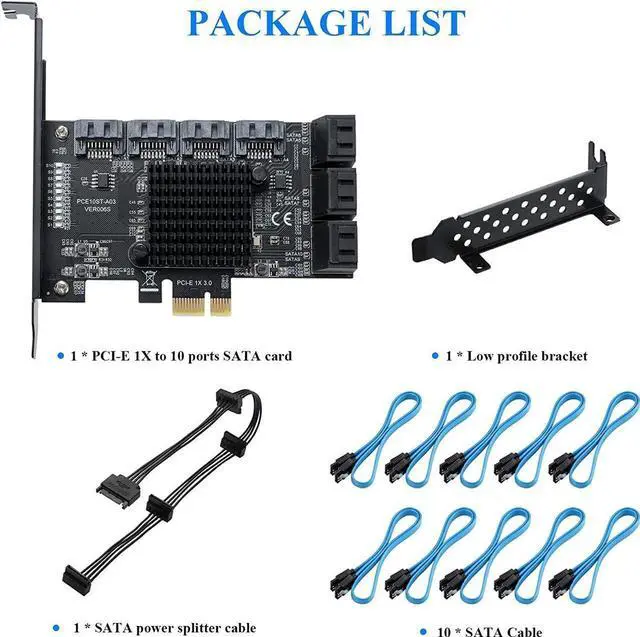 Alt view image 7 of 7 - BUCIER PCIE 1X SATA Card 10 Ports,6 Gbps SATA 3.0 Controller PCIe Expansion Card,Non-Raid,Support 10 SATA 3.0 Devices,with Low Profile Bracket and 10 SATA Cables