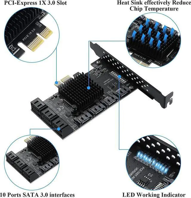 Alt view image 6 of 7 - BUCIER PCIE 1X SATA Card 10 Ports,6 Gbps SATA 3.0 Controller PCIe Expansion Card,Non-Raid,Support 10 SATA 3.0 Devices,with Low Profile Bracket and 10 SATA Cables