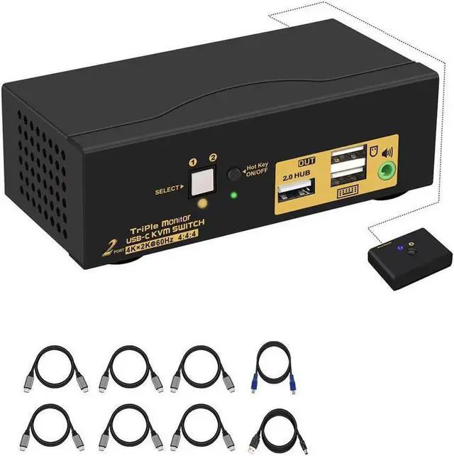 Main image of 2 Port Triple Monitor KVM USB C, 3 Monitor KVM Switch USB-C with Audio, USB 2.0 Hub and Cables for 2 Computers/Macs/Mobile Phones Sharing 3 Monitors and Single Keyboard Mouse