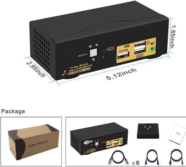 Alt view image 5 of 7 - 2 Port Triple Monitor KVM USB C, 3 Monitor KVM Switch USB-C with Audio, USB 2.0 Hub and Cables for 2 Computers/Macs/Mobile Phones Sharing 3 Monitors and Single Keyboard Mouse