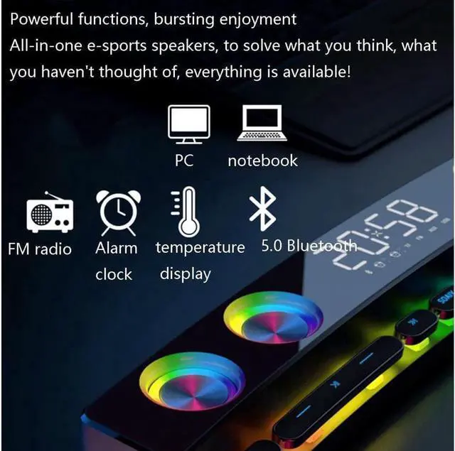 Alt view image 6 of 6 - BUCIER Clock Bluetooth Wireless Game Speaker soundbar 3D Stereo Subwoofer,Computer Loudspeaker with Light,soundbar for tv Home Theater (Color : White, Size : 495 * 88 * 57mm)