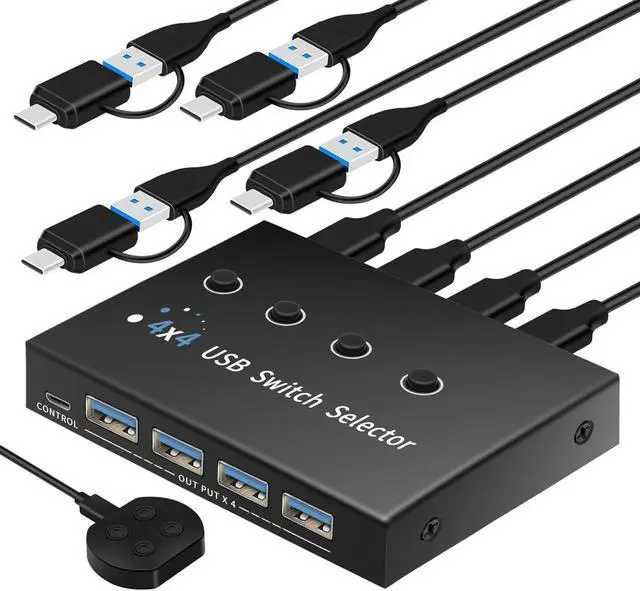 Main image of usb switch 3 computers 4 computers,usb switcher 2 computers share keyboard mouse switch, USB 3.0 switch USB-A&C cable usb c switch selector,usb km switch,With USB-A&C cable and desktop controller