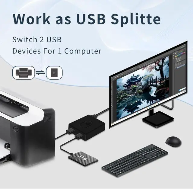 Alt view image 6 of 7 - BUCIER USB Switcher 2 in 1 Out(1 in 2 Out) Bi-Directional,USB 3.0 Switch Selector,Keyboard Mouse Switcher,USB Switcher 2 Computers Share 1 Device for Printer,Keyboard, USB Switch with 2pcs USB Cables