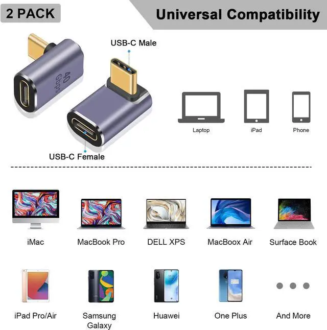 Alt view image 4 of 5 - BUCIER USB C 90 Degree Adapter 40Gbps, Up Down Angle 90 Degree USB C Extender Adapter, 8k@60Hz &100W Type C to Type C Extender Thunderbolt 4 Connector for iPad, Galaxy, PC, HUB, 2-Pack