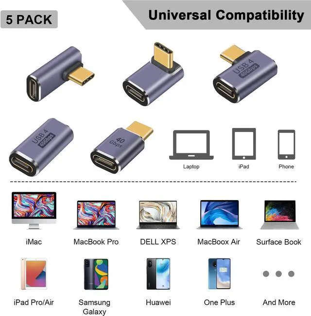 Alt view image 2 of 6 - BUCIER 5-Pack USB C Adapter 40Gbps, 90 Degree Right Angle USB C Adapter 100W, PD 3.1 Type C Male to Female Extender Adapter Support 8K Video for Thunderbolt 4/3, Laptop, Tablet, Phones